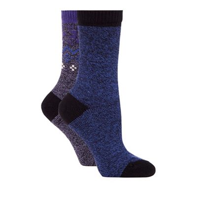 Pack of two purple and blue plain and patterned thermal socks